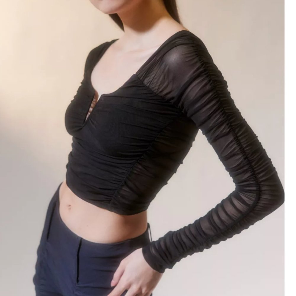 Urban Outfitters Mesh Long Sleeve Ruched Top Black NWT Size M